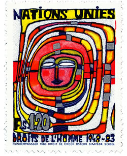 Eine Briefmarke für die UN, kreiert von Friedensreich Hundertwasser, 1983. (c) Jean Bél